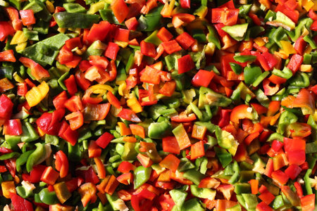 Fresh cut red, green and yellow pepper mix photoの写真素材