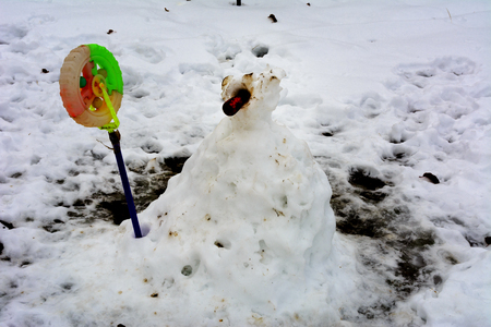 Snowman with a carrot in the yard of a private houseの写真素材