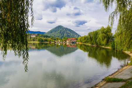 Lake in the mountains for recreation and fishingの写真素材