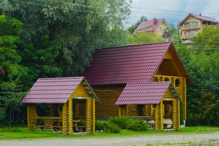 Gazebos on the lake in the mountains for recreation and fishingのeditorial素材