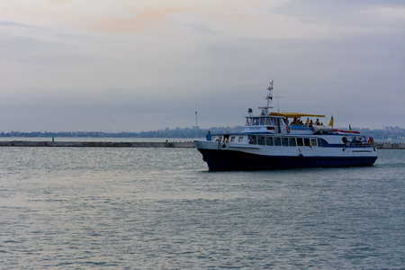 A tourist tourist ship in the seaport of Odessa in the evening of July 12, 2017のeditorial素材