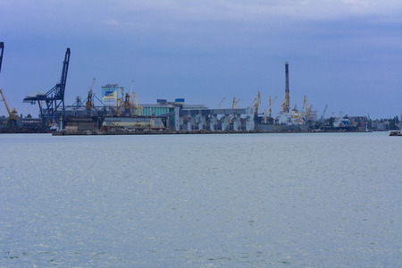 Tower cranes in the merchant seaport of Odessa in the evening of July 12, 2017のeditorial素材