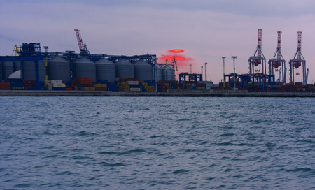 Tower cranes in the merchant seaport of Odessa in the evening of July 12, 2017のeditorial素材