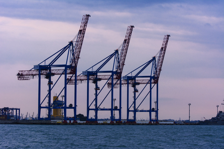 Tower cranes in the merchant seaport of Odessa in the evening of July 12, 2017のeditorial素材