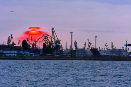 Tower cranes in the merchant seaport of Odessa in the evening of July 12, 2017のeditorial素材