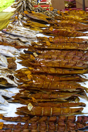 Street trading of smoked fish at the holiday. Day of the city. Zhitomir of 1133 year. September 2017, Ukraine.の写真素材