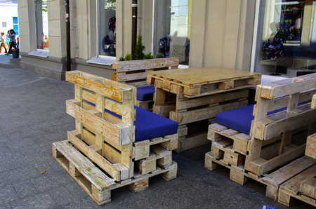 Original furniture from abandoned wooden shields. Day of the city. Zhitomir of the year 1133. September 2017, Ukraine.の写真素材