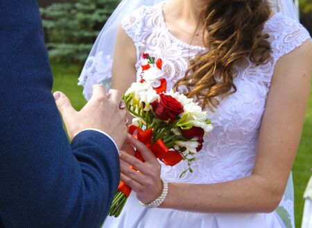 Beautiful and happy young bride and groom in wedding dress on a sunny day. Ukrainian wedding, culture, ethical traditions, concept. Autumn of 2017.のeditorial素材