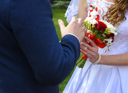 Beautiful and happy young bride and groom in wedding dress on a sunny day. Ukrainian wedding, culture, ethical traditions, concept. Autumn of 2017.のeditorial素材
