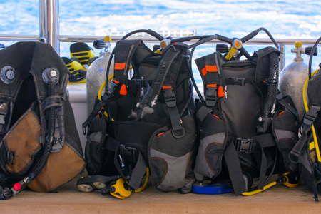 Aqualungs for diving aboard the ship are ready to dive into the clear and turquoise Red Sea to beautiful corals and colorful fish. Summer, vacation. Egyptのeditorial素材