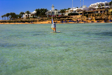 Sharm el-Sheikh, Egypt - March 14, 2018. The courtyards of a magnificent white hotel on a summer day. The concept of tourism, vacations and luxury recreation. Accommodation in Cyrene Grand Hotelのeditorial素材