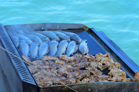 Beautifully cooked fried pieces of quail meat and whole trout fish on an electric grill on a yacht in the open sea. The concept of fast cooking delicious and healthy food.の写真素材