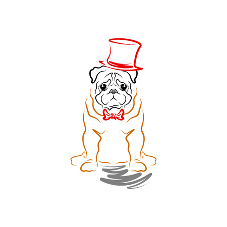 Caricature of a sad dog in a cylinder and a bow tie. Breed pug.のイラスト素材
