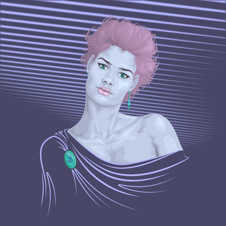 Girl, a model with a mysterious look and unusual hair. Bedding colors Vector illustration.のイラスト素材