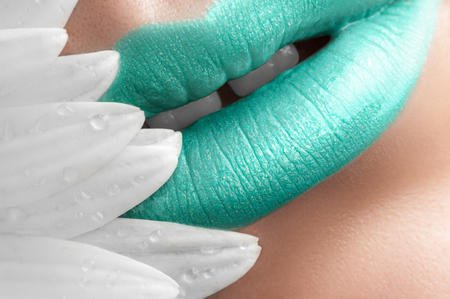 Turquoise lips with shine.の写真素材