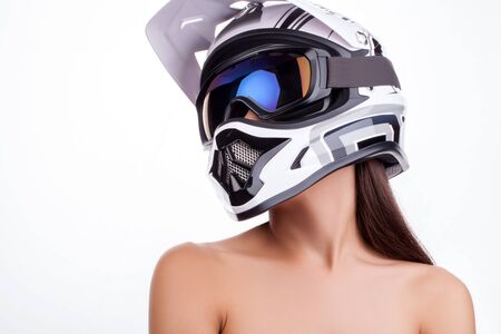 Beautiful girl with makeup in a helmet.の写真素材