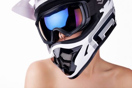 Beautiful girl with makeup in a helmet.の写真素材