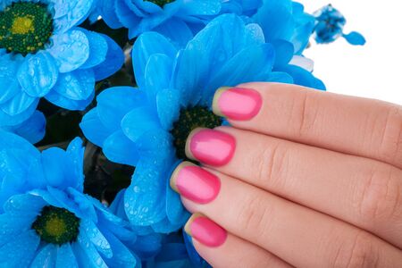 Beautiful pink nails on a white background with flowers.の写真素材