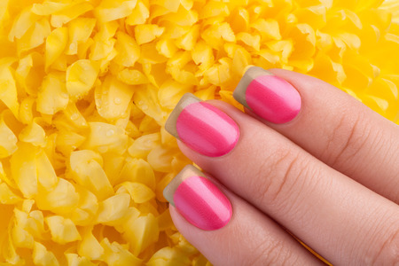 Beautiful pink nails on a white background with flowers.の写真素材