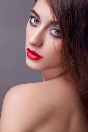 Beautiful girl with natural makeup mouth advertising.の写真素材