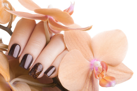 Very beautiful brown nails close up and flower.の写真素材