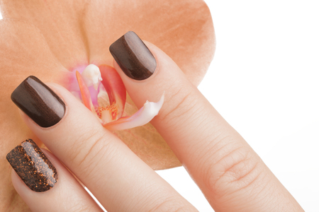 Very beautiful brown nails close up and flower.の写真素材