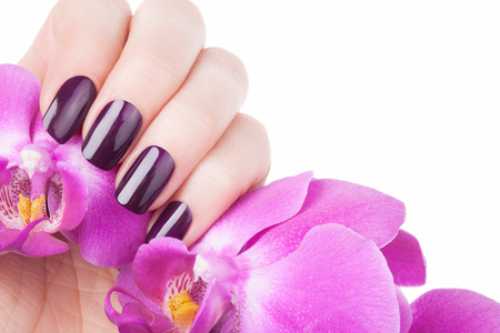 Beautiful red nails and flower close-up.の写真素材