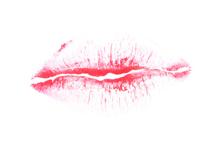 Beautiful red trace of lips on a white background.の写真素材