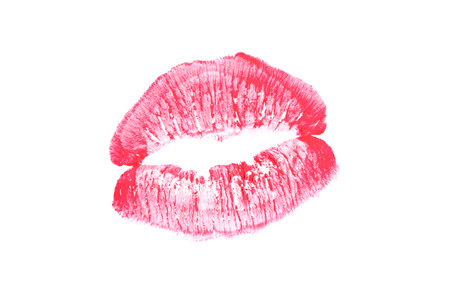 Beautiful red trace of lips on a white background.の写真素材