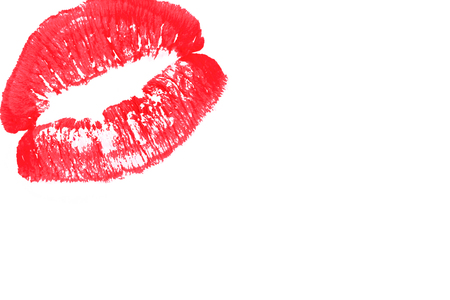 Beautiful red trace of lips on a white background.の写真素材