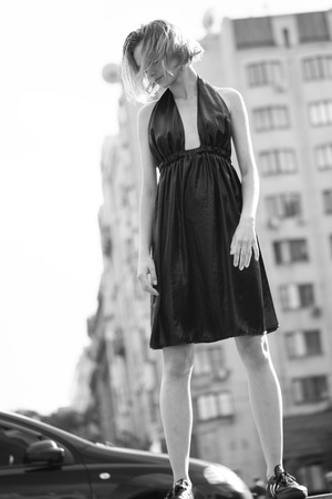 Creative fashion photo of a girl model in designer clothesの写真素材