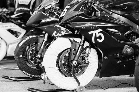 Powerful sport motorcycles in close-up racesのeditorial素材