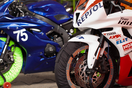 Powerful sport motorcycles in close-up racesのeditorial素材