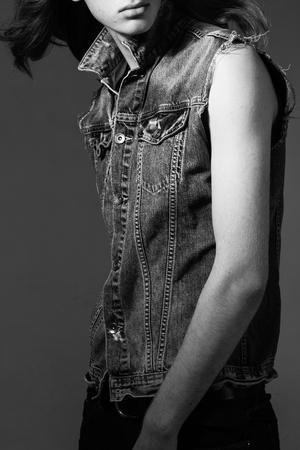 Stylish black and white flotation model in the studioの写真素材