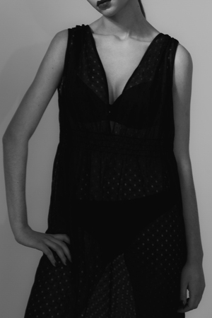 Stylish black and white flotation model in the studioの写真素材