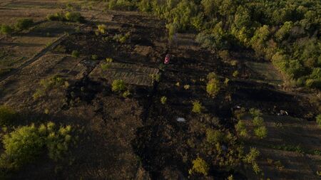 High-altitude photography of green forest and nature.の写真素材