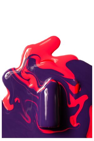 Violet lipstick in red paint on a white background.の写真素材