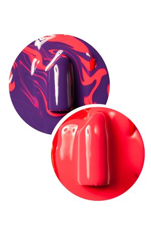 Violet lipstick in red paint on a white background.の写真素材