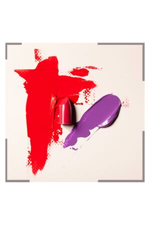 Beautiful photo of red lipstick, texture of red lipstick on a white background close-up.の写真素材