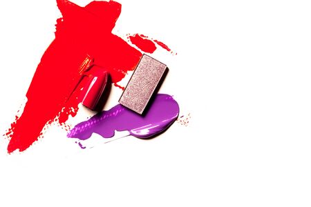 Beautiful photo of red lipstick, texture of red lipstick on a white background close-up.の写真素材