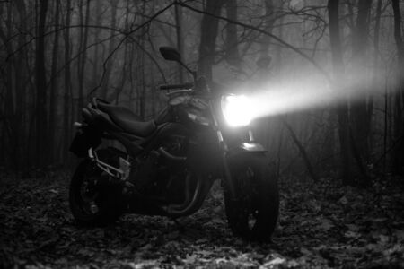 Black sports motorcycle close-up on the street.の写真素材