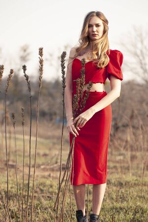 Gorgeous and stylish brunette in a red dress in the garden.の写真素材