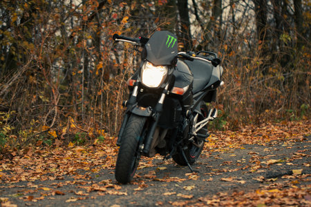 UKRAINE, KIEV - NOVEMBER 22, 2020: Powerful black motorcycle Suzuki GSR600 in forest autumn.