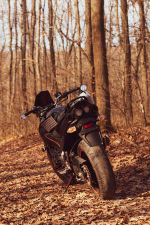 UKRAINE, KIEV - NOVEMBER 22, 2020: Powerful black motorcycle Suzuki GSR600 in forest autumn.のeditorial素材