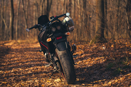 UKRAINE, KIEV - NOVEMBER 22, 2020: Powerful black motorcycle Suzuki GSR600 in forest autumn.のeditorial素材