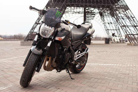 Sporty black motorcycle in Paris.のeditorial素材