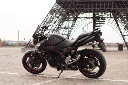 Sporty black motorcycle in Paris.のeditorial素材