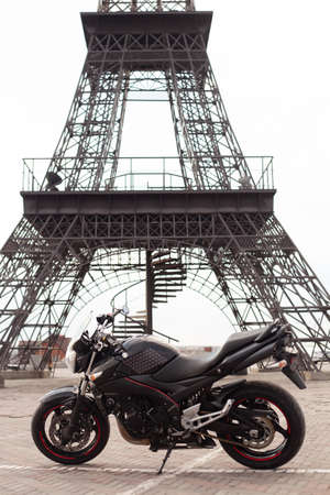 Sporty black motorcycle in Paris.のeditorial素材
