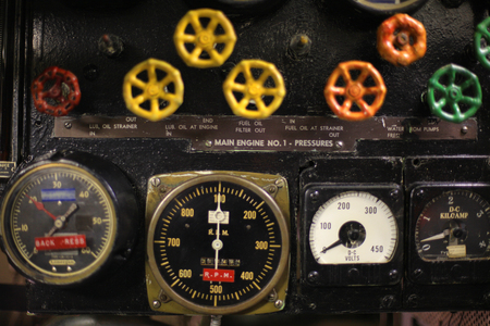 Vintage World War II submarine control roomの写真素材