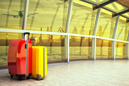 passenger ship corridor or terminal with a sea view on sunsetの写真素材
